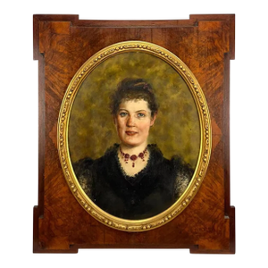 Antique Portrait Oil Painting on Canvas in Burl Walnut Frame