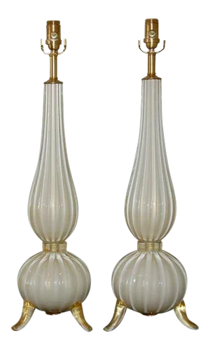 Murano Glass Footed Table Lamps in White and Gold, a Pair