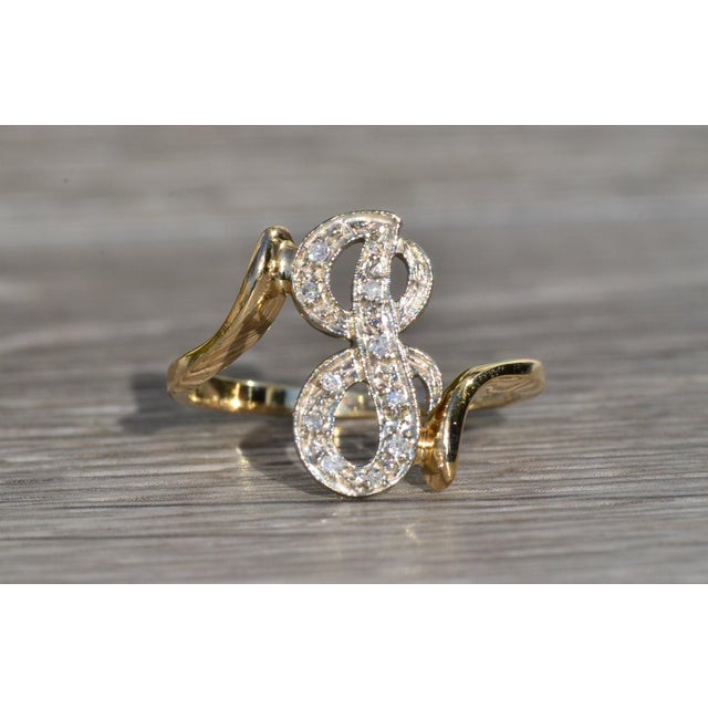 The Lenette: Ladies 14K Two Tone Script J Ring with Diamonds For Sale In Philadelphia - Image 6 of 9
