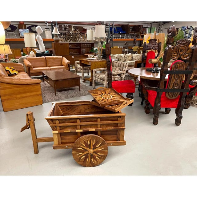 Wood Hand Crafted Folk Art Costa Rican Oxcart Wagon Bar Cart With Intricate Marquetry For Sale - Image 7 of 14