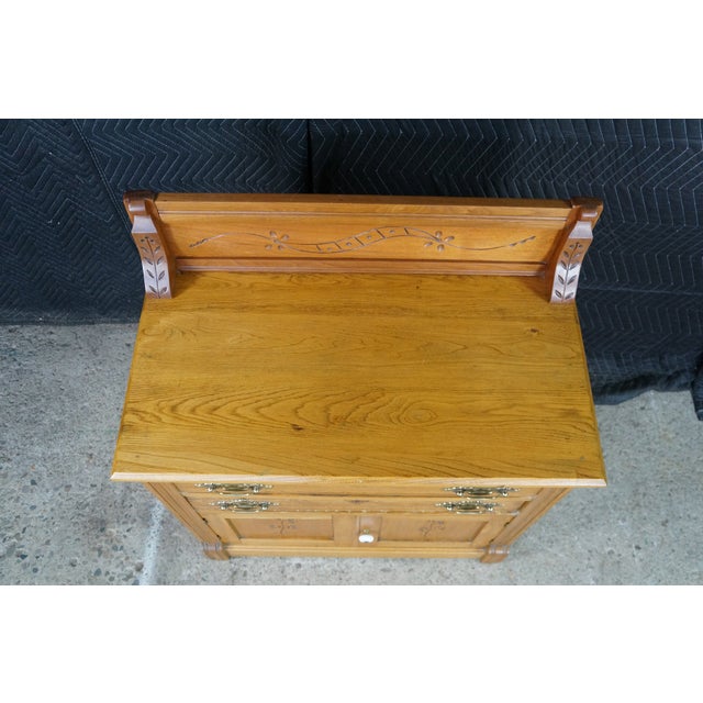 Late 19th Century Antique Victorian Eastlake Carved Oak Parlor Cabinet Washstand Commode Chest 30" For Sale - Image 5 of 18