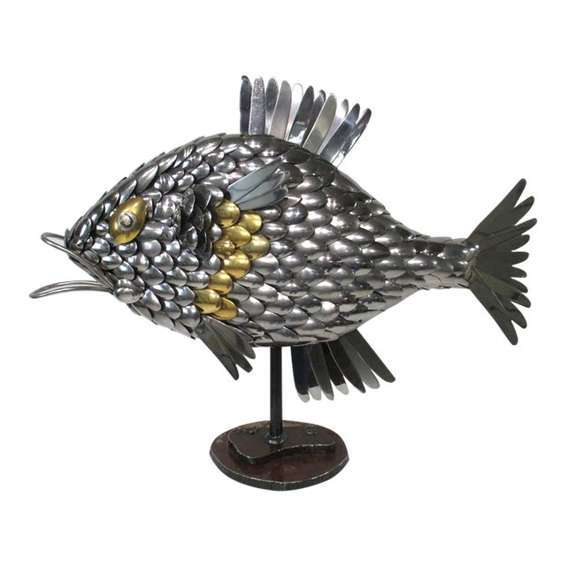 Large Folk Art Flatware Metal Fish Sculpture For Sale