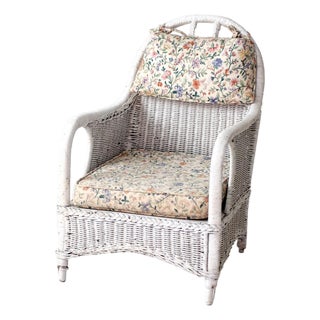 Antique White Wicker Lounge Chair With Floral Cushions For Sale