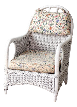 Antique White Wicker Lounge Chair With Floral Cushions