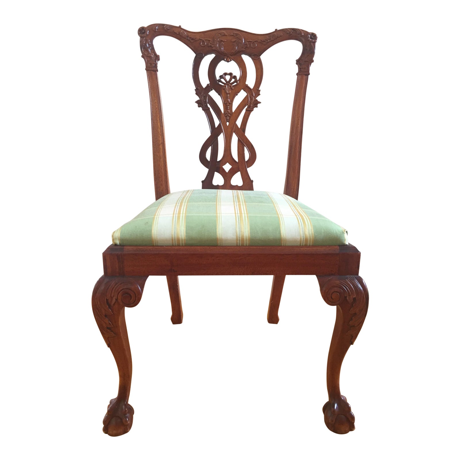 Chippendale Green and White Upholstered Ball & Claw Foot Side Chair