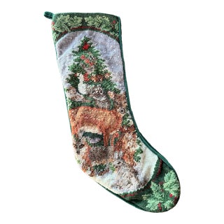 Late 20th Century Vintage Needlepoint Christmas Stocking Woodland Friends For Sale