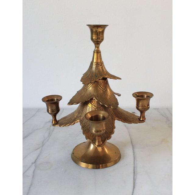 Vintage brass Christmas tree candle holder. Holds 5 taper candles. No makers mark. Some patina.