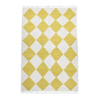Mustard Yellow and White Diamond Checker Zanafi Flatweave Moroccan Wool Rug (Made-To-Order) 8 X 10' For Sale
