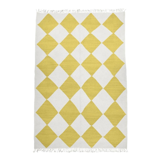 Mustard Yellow and White Diamond Checker Zanafi Flatweave Moroccan Wool Rug (Made-To-Order) 8 X 10' For Sale