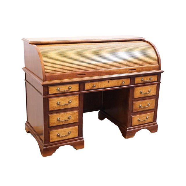 JASPER CABINET Solid Mahogany & Elm Burl Traditional Regency Inspired 54" Roll Top Desk Comes with key. 41.25" High 54"...