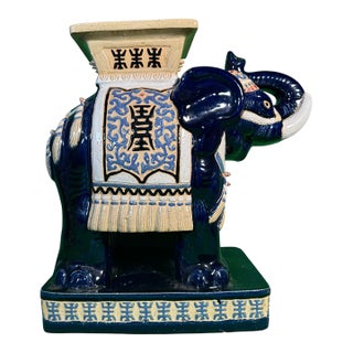 Mid 20th Century Large Chinese Cobalt Blue Ceramic Elephant Garden Seat With Shou and Bat Motifs For Sale