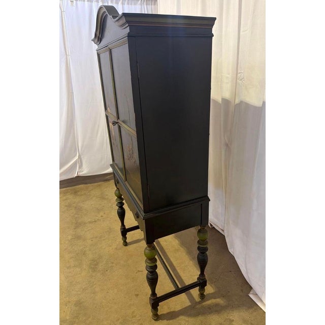 Black Antique Art Deco Chinoiserie Black and Green Hand Painted Drop Front Desk For Sale - Image 8 of 14
