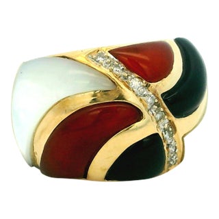 1990s Italian 14k Gold Mother-of-Pearl, Carnelian, Onyx & Diamond Statement Ring, Size 6.5 For Sale