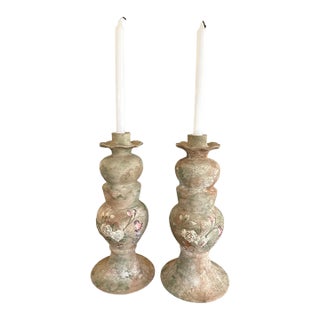 Monumental Vintage Terracotta Candlesticks Raised Rose Relief 15 Inch Pair For Sale