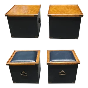 Pair of Partially Ebonized Storage Ottomans and Bookmatched Top Side Tables