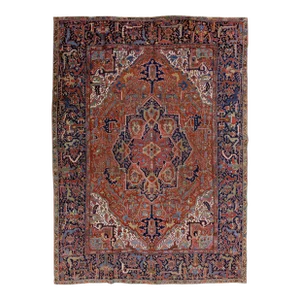 Antique Persian Heriz Handmade Rust Wool Rug With Medallion Design