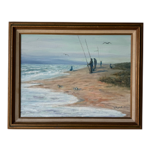 Vintage y.b. Platt Impressionist Coastal Three Fishermen Oil on Canvas Painting - Framed