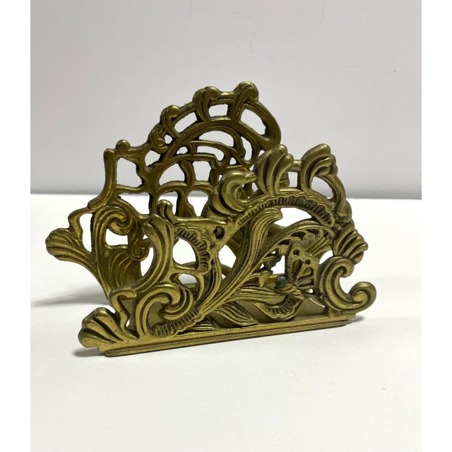 Metal 1950s Brass Filigree Letter Holder – Vintage Desk Organizer - Napkin Holder For Sale - Image 7 of 11