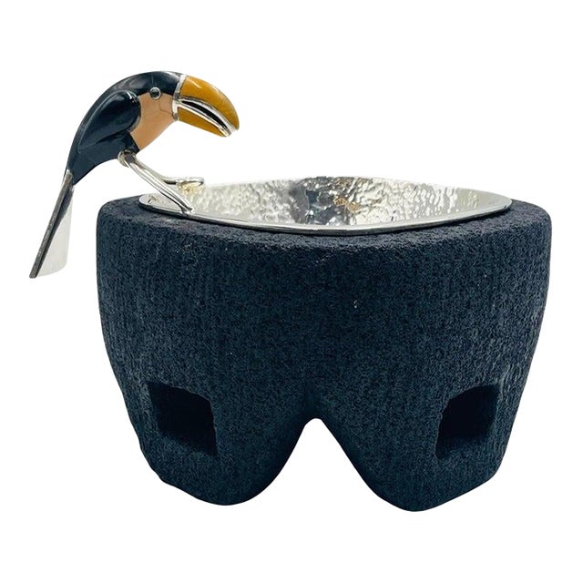 Emilia Castillo Silver-Plate Molcajete/Serving Bowl With Toucan, Mexico 1980s For Sale