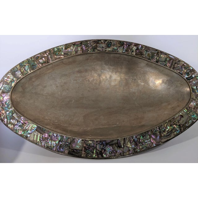 Modern 1950s Vintage Los Castillo Abalone Inlaid Silver Tray For Sale - Image 3 of 7