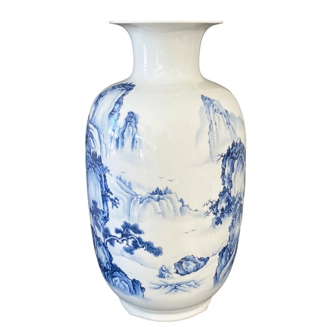 1980s Large Chinoiserie Blue and White Vase 24.75" H For Sale - Image 5 of 10