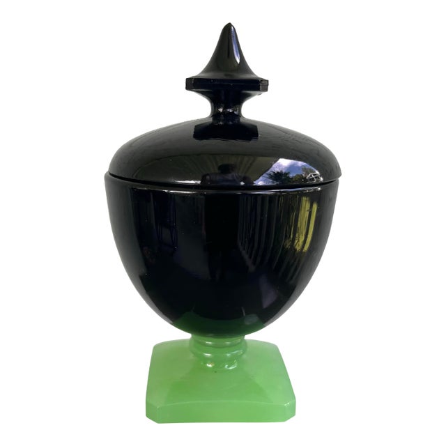 1940s Black Amethyst Glass Covered Jar With Jadeite-Style Pedestal Base For Sale