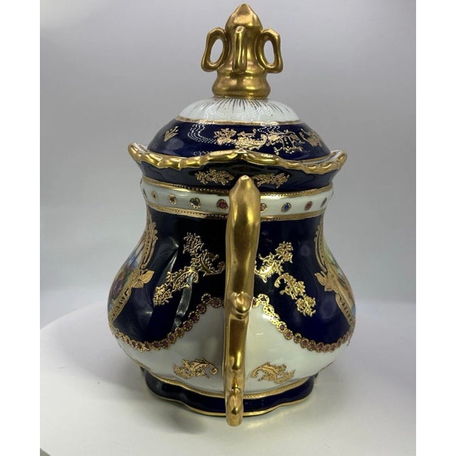 Late 20th Century French Sèvres Style Cobalt Blue & Gilt Porcelain Lidded Decorative Urn For Sale - Image 4 of 11