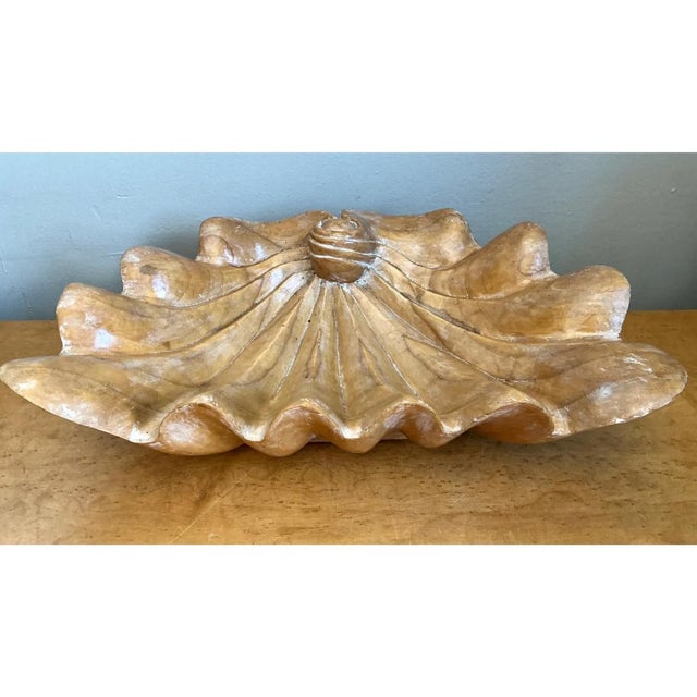 Ecru Vintage Carved Wood Clam Shell- Shaped Bowl For Sale - Image 8 of 12
