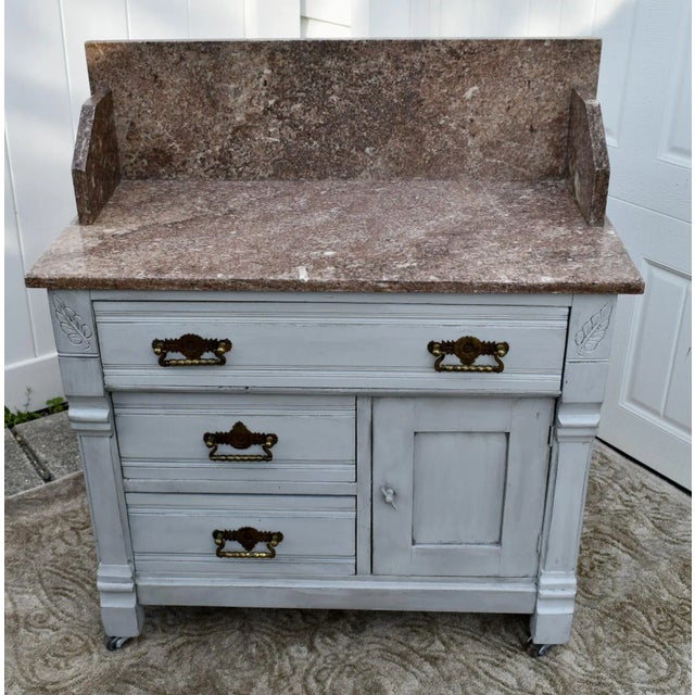 Antique Walnut Washstand Commode Pink Marble Top Gray Cottage Distressed 1880s For Sale - Image 12 of 12