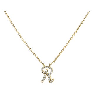 10K Yellow Gold Diamond Accent "R" Initial Script Style Pendant Necklace For Sale