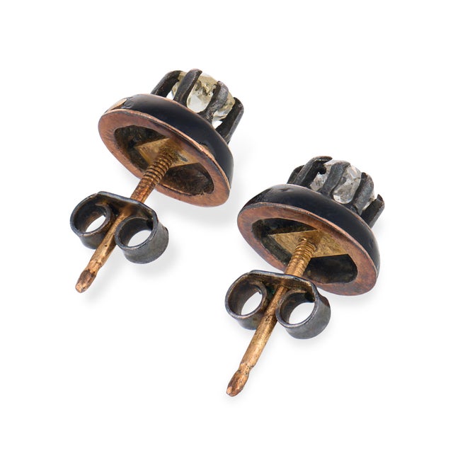 Late 19th Century Late 19th Century Pair of Victorian Old Mine Cut Diamond Rose Gold Silver Enamel Stud Earrings For Sale - Image 5 of 5