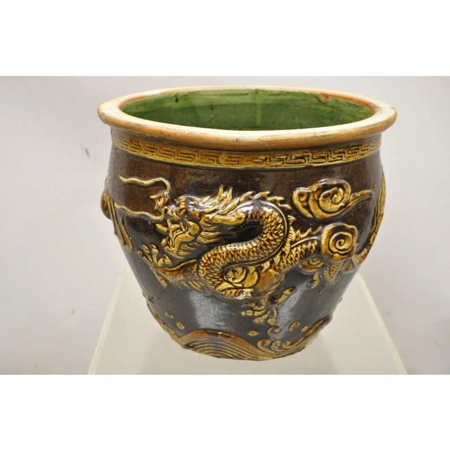 Vintage Chinese Brown Glazed Ceramic Dragon Cachepot Planter Pot - a Pair. Item featured has raised/relief designed...