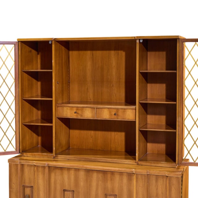 Wood John Widdicomb Mid Century Walnut and Brass Credenza With Hutch For Sale - Image 7 of 14