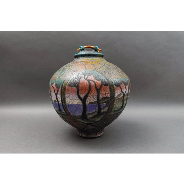 Ken Jensen 1998 Signed Large Landscape Scene Raku Pottery Covered Vessel Pot Jar For Sale - Image 4 of 10