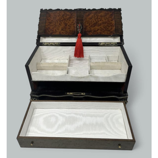 Antique Bronze Burl Walnut French Jewelry Sewing Casket Silk Lined Interior 19c For Sale - Image 6 of 8