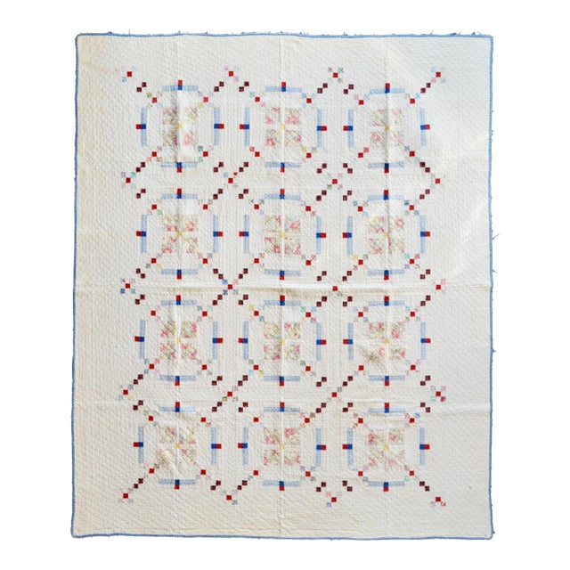 1940’s Vintage Hand-Quilted Irish Chain Cotton Quilt For Sale