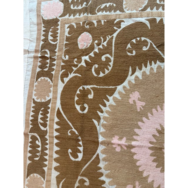 1960s Beige Brown Cotton Suzani Square With Pink Medallion For Sale - Image 5 of 10