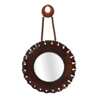 Round Wall Mirror with Leather Frame and Strap, 1960s For Sale