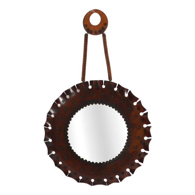 Round Wall Mirror with Leather Frame and Strap, 1960s For Sale