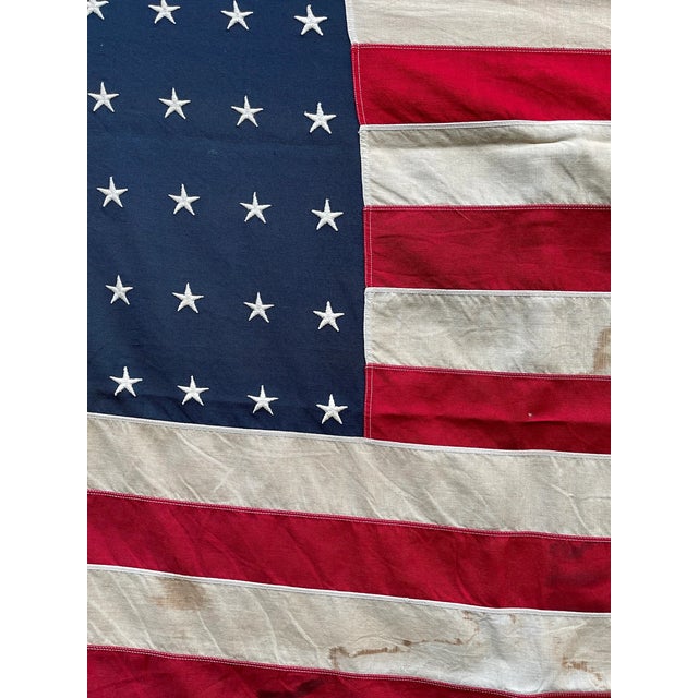 Blue Rare and Fine Antique American Flag 1920 Wool. 48 Star Beautifully Aged. Great Fade All Sewn Embroidered Stars 4x6 For Sale - Image 8 of 10