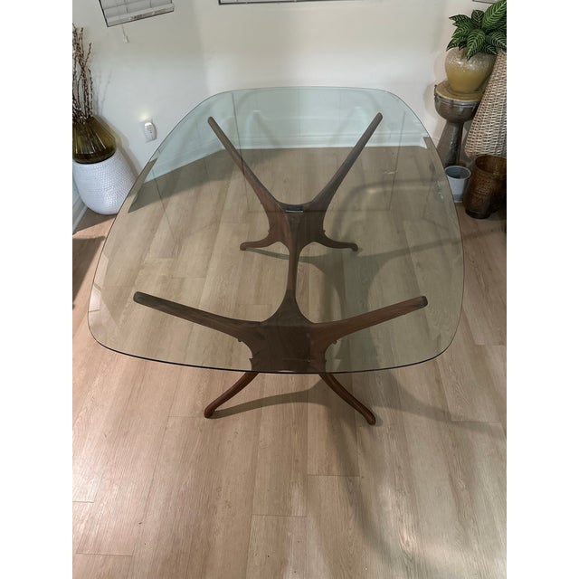 Metal Oblong Beveled Clear Glass 62” Table With “Organic Modernism" Faux Wooden Metal Base For Sale - Image 7 of 10