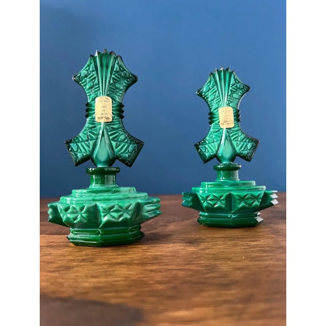 Green Art Deco Malachite Glass Perfume Bottles Pair For Sale - Image 8 of 18
