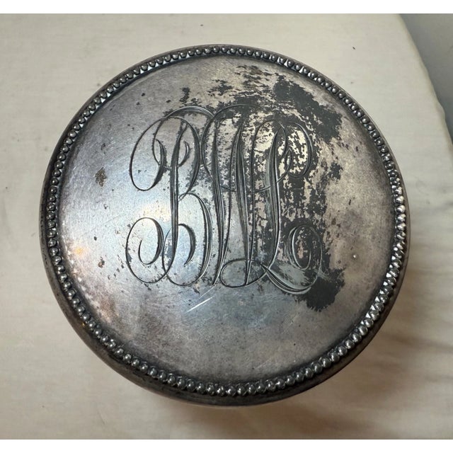 Metal Large Antique Hand Monogrammed Silver-Plate Crystal Glass Tobacco Jar Humidor For Sale - Image 7 of 9