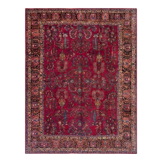 1920s Red Field Formal Cypress Trees Room Size Antique Sarouk Knotted Wool Rug For Sale