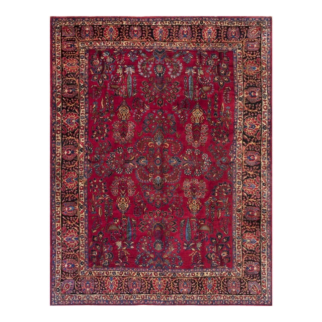 1920s Red Field Formal Cypress Trees Room Size Antique Sarouk Knotted Wool Rug For Sale