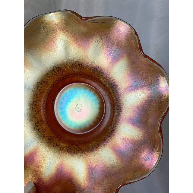 Early 1900s Northwood Stamped Hand Etched Iridescent Marigold Rosette Glass Ruffled Bowl For Sale In Washington DC - Image 6 of 11