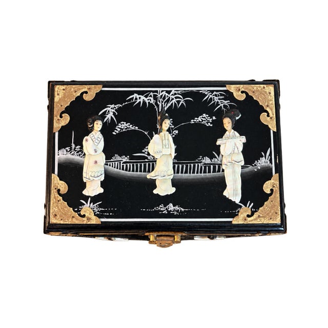 “Decorative vintage Chinese black lacquer jewelry chest featuring mother-of-pearl figural inlay, delicate garden and...