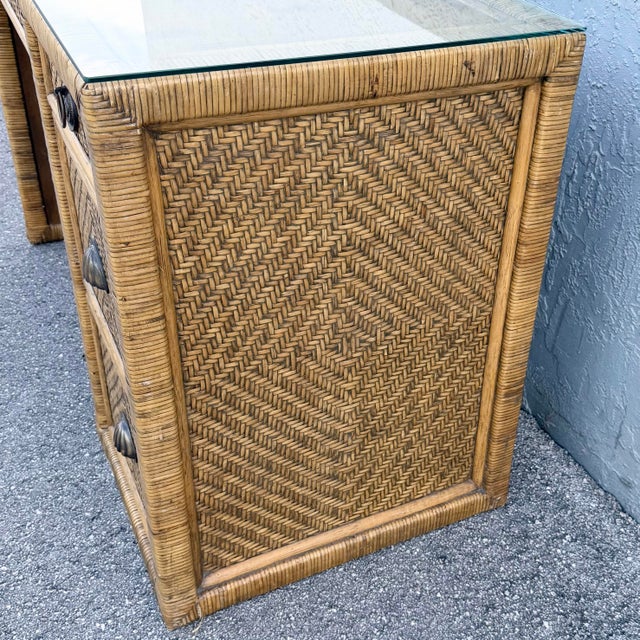 Boho Chic Woven Wicker Glass Top Writing Desk With Chair - 2 Pieces For Sale In West Palm - Image 6 of 12
