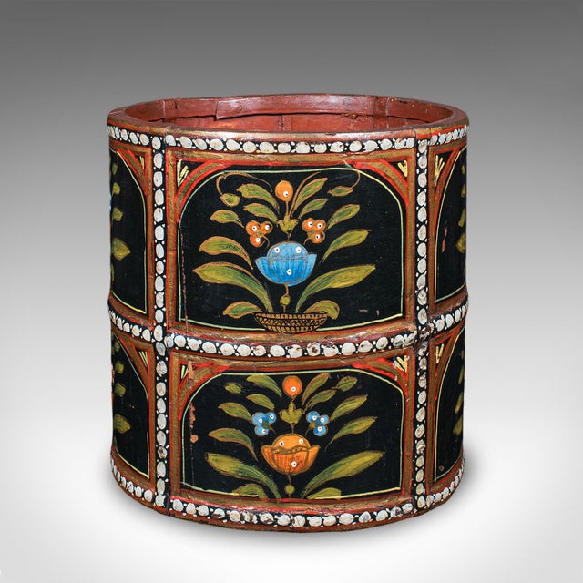 This is a vintage storage bin. An English, handpainted walnut waste paper basket, dating to the mid 20th century, circa...