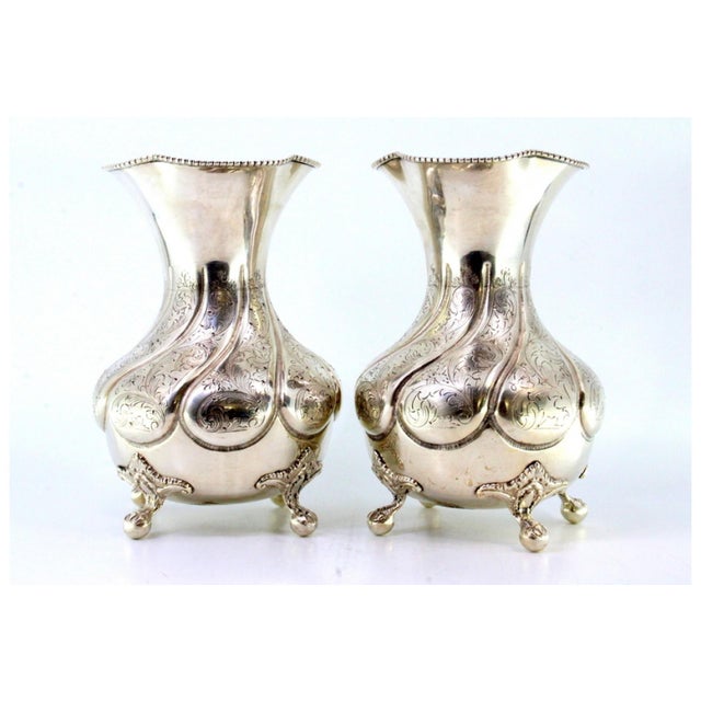 Silver Vases with Engraved Plant Elements, Frieze Edges, Palmettes and Claw-Shaped Feet, Set of 2, in Very Good...